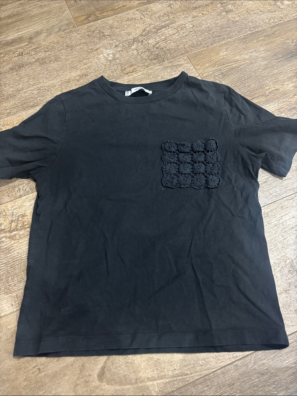 Mango Black Short-Sleeve Tee with Crocheted Chest Pocket